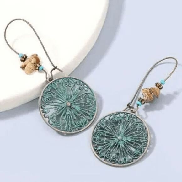 2/$21 Teal Aztec Round Dangle Earrings - Picture 2 of 5